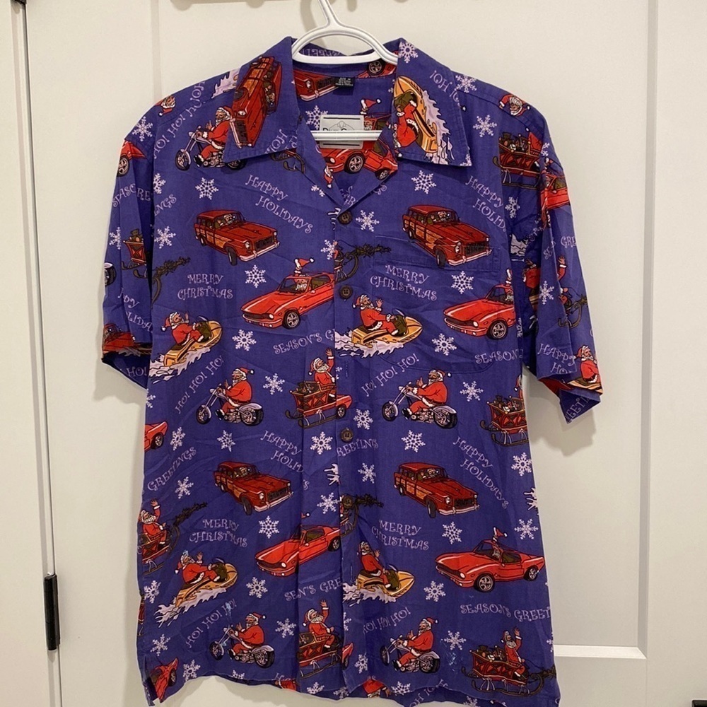 David Carey Original Santa Holidays Christmas Hawaiian Camp Shirt Cars Medium